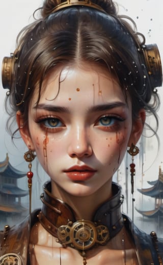 olpntng style, young girl in steampunk outfit with big earrings, in the style of ismail inceoglu, photorealistic eye, realistic hyper-detail, i can't believe how beautiful this is,  guillaume seignac, intense emotional expression, by tomasz alen kopera and peter mohrbacher, dripping sparks, rain, sharp focus, ink,gouche, clear, vibrant, denoised, intricately detailed, Chinese traditional style, shallow color dress, rising sun,floating city far away in the background, 8k, engine, oil painting, heavy strokes, paint dripping,ribbon,HZ Steampunk,3d style,LinkGirl,3d,FilmGirl,chinese ink drawing