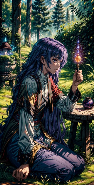 a dynamic action scene where a young and beautiful witch casts a powerful giant spell sitting on the grass, surrounded by a dense forest, ultra quality, high and detailed environment, dark red wizard clothes, purple long hair, magic circles, magic trails, magic particles, glow, dinamic angle, meadow of luminous mushrooms, mystical atmosphere, summoned beings,