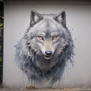 Street art that pays homage to nature:0.6, with a majestic, photorealistic wolf:0.4, its piercing eyes:0.4 ,gazing into the urban jungle, a symbol of untamed spirit:0.3, amidst concrete confines:0.2