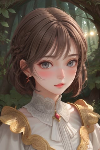 illuminated forest, hight quality, ultra detailed, shade, bright, beautyful girl, detailed, grey eyes, blushing, mushrooms, brown hair, tiare