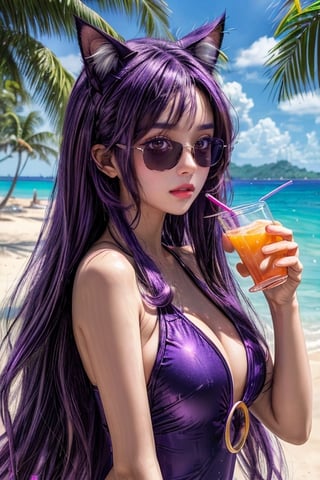 (best quality, masterpiece, ultra quality) long purple hair, light_purple_eyes, purple sunglasses, purple swin suit(one piece), tropical drink in hand, beach background, purple cat ears, inboxDollPlayset Quiron, UHD quality