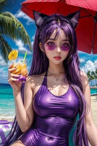 (best quality, masterpiece, ultra quality) long purple hair, light_purple_eyes, purple sunglasses, purple swin suit(one piece), tropical drink in hand, beach background, purple cat ears, inboxDollPlayset Quiron, UHD quality