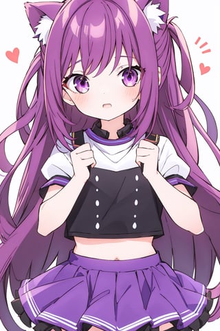 (bets quality)long purple hair, purple crop top, purple ruffled sleeves, short purple skirt, purple cat ears,