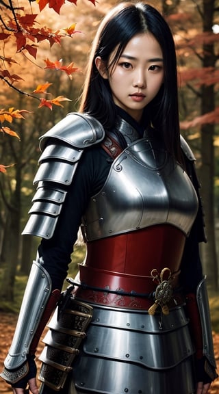 Masterpiece, ultra-realistic, 32K, highly detailed CG unity 8K wallpaper, highest quality, raw photo, Japanese idol, sexy body girl, (Samurai: 1.25), (Japanese armor), Shoulder armor , with sheath, sheath, natural sunlight, red autumn leaves in the background, fierce expression, dynamic pose, full body Esbian, perfect beautiful hands, detailed fingers, beautiful detailed eyes, perfect eyes, seductive eyes,blackhair, long hair,asian girl