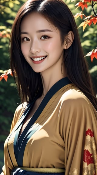 masterpiece,ultra realistic,32k,extremely detailed CG unity 8k wallpaper, best quality,1 beautiful woman,smiling with visible perfect teeth,detailed beautiful eyes and face,(full_body:1.3),realistic detailed skin texture,(Japanese traditional black kimono with butterfly and flower pattern),(background is red autumn leaves), natural sunlight,longhair,blond_hair,asian girl