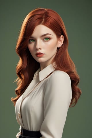 1girl, Dressed in finest peakyblinders attire, simple background, red hair, long hair, lips, solo, green eyes, full body, full_body, high_resolution, high_res 
