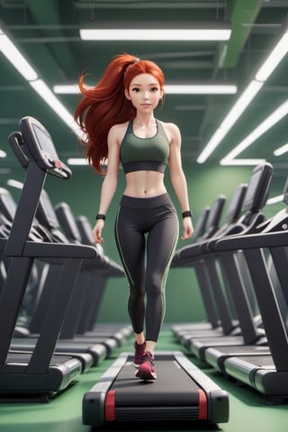 1girl, Dressed in tight gym clothes, treadmill running, gym background, red hair, long ponytail hair, lips, solo, green eyes, full body, full_body, high_resolution, high_res 
