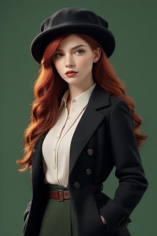 1girl, Dressed in finest peakyblinders attire, simple background, red hair, long hair, lips, solo, green eyes, full body, full_body, high_resolution, high_res 
