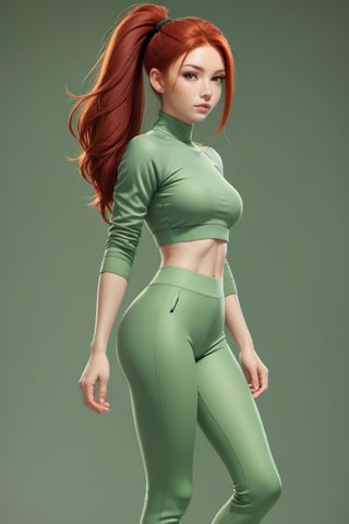 1girl, Dressed in tight gym clothes, simple background, red hair, long ponytail hair, lips, solo, green eyes, full body, full_body, high_resolution, high_res 
