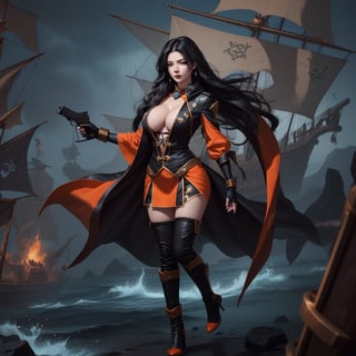 High Quality, League of legends, Miss Fortune, woman, black-hair, red_eye, holding_guns, Full Body, Medium Shot, Pirate ship Background, Age 35, big_boobs, Clothing_Black and Orange