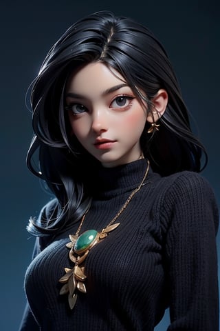 3dmm style,(masterpiece, top quality, best quality, official art, beautiful and aesthetic:1.2), (fractal art:1.3), 1girl, beautiful, high detailed, black long hair, black eyes, dark lighting, serious face, looking the sky, sky, medium shot, black sweater, jewelry