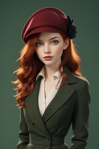 1girl, Dressed in finest peakyblinders attire, simple background, red hair, long hair, lips, solo, green eyes, full body, full_body, high_resolution, high_res 
