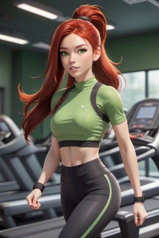 1girl, Dressed in tight gym clothes, treadmill running, gym background, red hair, long ponytail hair, lips, solo, green eyes, full body, full_body, high_resolution, high_res 
