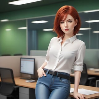 1girl, wearing a shirt and tight jeans, office background, red hair, short hair, lips, solo, green eyes, full body, full_body, high_resolution, high_res 
