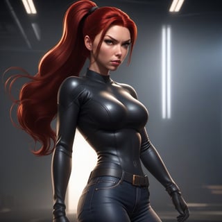 1girl,  Black Widow, tight jeans,  slim body,  red hair,  long ponytail hair,  lips,  solo, big_boobs , NSFW, black eyes,  full body,  slim body,  bust, Realistic,  high resolution,  masterpiece,  cinematic lighting,  detailed shadow,  ultra high detailed,  studio lighting, 