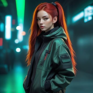 1girl, wearing a cyberpunk techwear streetwear look and clothes, beautiful bright colors, , futuristic, cyberpunk setting, luxury, elite, cinematic, techwear fashion, red hair, long hair, lips, solo, green eyes, full body, full_body, high_resolution, high_res 
