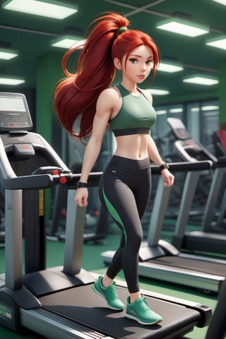 1girl, Dressed in tight gym clothes, treadmill running, gym background, red hair, long ponytail hair, lips, solo, green eyes, full body, full_body, high_resolution, high_res 
