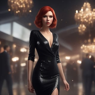 1girl, Black Widow, wearing party dress that features sequins and a deep V-neck neckline, full body, slim body, red hair, short_hair,  lips,  solo,  black eyes,  slim body, Realistic, 
