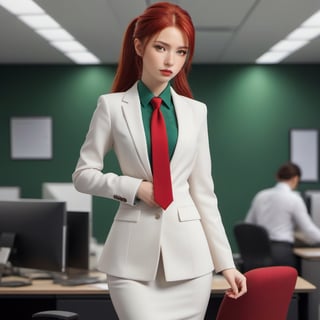 1girl, wearing a suit and tie, outfit includes a white shirt and a red tie, office background, red hair, long ponytail hair, lips, solo, green eyes, full body, full_body, high_resolution, high_res 
