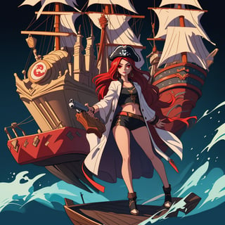 High Quality, League of legends, Miss Fortune, black-hair, red_eye, holding_guns, Full Body, Medium Shot, Pirate ship Background