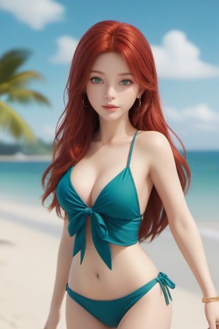 1girl, blue bikini, beach background, red hair, long hair, lips, solo, green eyes, full body, full_body, high_resolution, high_res 
