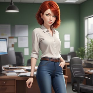 1girl, wearing a shirt and tight jeans, office background, red hair, short hair, lips, solo, green eyes, full body, full_body, high_resolution, high_res 
