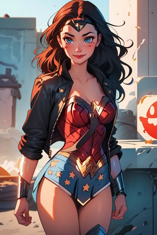 girl, cute, beautiful, smiling with closed mouth, (cute sexy), very detailed, (Wonder Woman), ((body with curves)) defined, good curves, good lighting, very detailed face, eyes very detailed, showing the navel,wonder woman, black_leather_jacket, hurt, bleeding, scratches, in pain