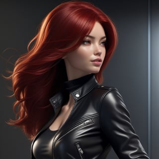 1girl, black leather jacket, black leather tight pants ,slim body,  red hair,  longhair,  lips,  solo,  black eyes,  upper body,  slim body,  Realistic,  high resolution,  masterpiece,  cinematic lighting,  detailed shadow,  ultra high detailed,  studio lighting, long shot, 8k, beautiful, perfect body
