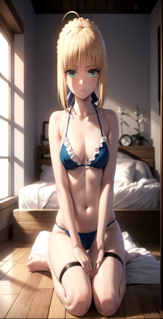 //Quality,
masterpiece, best quality
,//Character,
1girl, solo
,//Fashion,
,//Background,
collarbone, (indoors, window, wooden floor, bed), 
,//Others,
,phSaber, phAltoria, blue micro_bikini, thigh_straps, hair down, blurry, frills, closer_view, looking-at-viewer