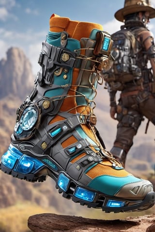 futuristic crypto shoes , Hiking shoes, Salomon brand, high_resolution, high detail, realistic, realism,cyborg style,Colourful cat ,steampunk style