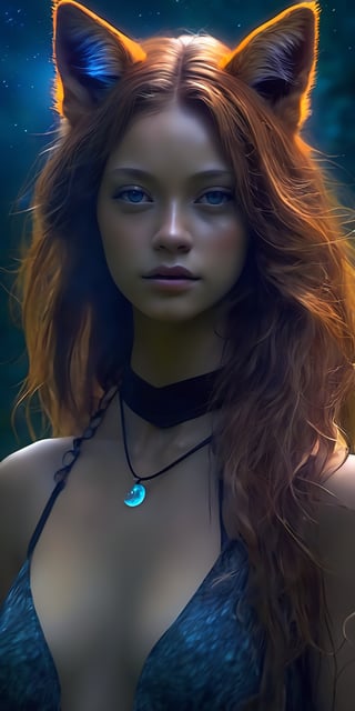 (best quality, masterpiece), 2girls, out water, nude, freckles, ripples, long hair, wavy hair, upper body, forest, fox ear, choker, looking at viewer, moon, night, dark photo, blurry background,cyborg style,cyborg,photo r3al,Colourful cat 
