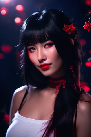 RAW Photo, Upper body portrait, centered, best quality, masterpiece, Gorgeous evil Woman with black hair in a dark cave, hell, horns, crop top, Décolletage, malefic smile, red glowing flowers, bob hairstyle, bangs, evil, warm, imposing look, piercing gaze, detailed eyes, cute little nose, big natural lips, perfect pupils, detailed skin, art, artistic, emotional, Intricate details, studio light, DSLR, sharp focus, creamy bokeh, deep of field, Fujifilm xt3, 4k, best quality