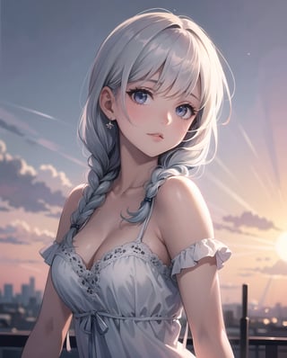 masterpiece,ultra high res,realistic,finely detail,extremely detailed,1girl,single braid,white hair,looking at viewer,pure color background,breasts,film grain,film overlay,morning glow,pastel sky,cool tones,sun rays,soft light,dress,