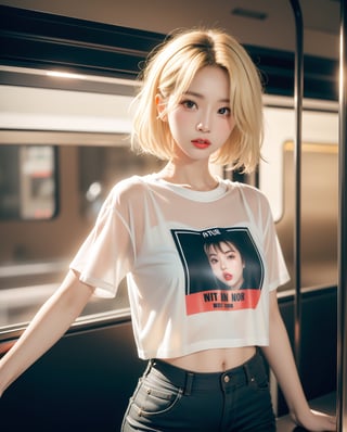 (film noir:1.3),(gal),(bitch). 1girl, solo, a stunning beautiful Asian girl with angry, light blonde hair, short hair, in the train, wearing punk T shirt and shorts, looking at camera, 8k, high res, middle quality, ,dreamgirl, film grain:0.6,Realism, upper body, 