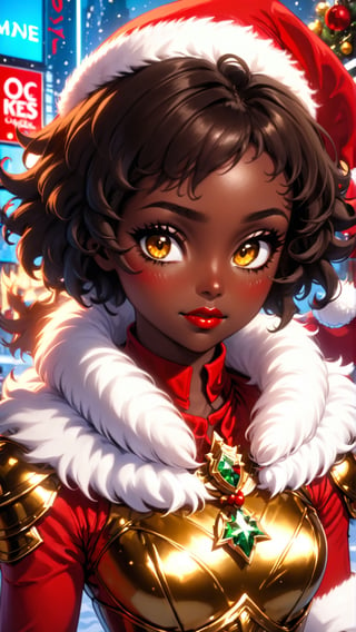 anitoon style, solo, dark skin, 1girl, yellow eyes, jewelry, black hair, short hair, dark-skinned female, makeup, lipstick, looking at viewer, curly hair, Fusion of medieval armor and santa costume, fur clork, ring earing, gold neckless, gold buncles, fluffy fur dress, red dress, sleeveless, highneck, Times Square Garden, Night, Christmas, ,ral-chrcrts,christmas