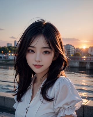 1girl, busty, high res, portrait, small round face, busty, bright smile, Korean hot model, 25yo, pale skin, black wavy hair, sunset, sunset scenery, wearing a french maid costume, cutefirlmix, ,Asian, 8k, medium quality, masterpiece, sharp focus, face focus, 