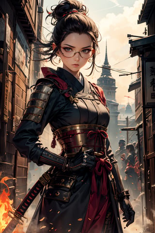 Picture a world where the mystique of ancient ninjas converges with the mechanical marvels of steampunk ingenuity. In this captivating realm, amidst shadowy alleyways and towering pagodas adorned with gears and brass fixtures, emerges a striking figure: a kunoichi. Envision her clad in a sleek yet functional ensemble, blending traditional ninja garb with steampunk accents such as leather corsets adorned with brass upper body, buckles and goggles that gleam with the soft glow of augmented lenses. Her katana, intricately engraved with steam-powered motifs, rests at her side, a testament to her deadly skills in both combat and engineering. With a grace honed through years of rigorous training, she moves with silent precision, her every step a dance of lethal elegance. Behind her, the cityscape pulses with the rhythmic hum of steam engines and the flickering glow of gas lamps, underscoring the seamless fusion of ancient tradition and futuristic innovation in this captivating world.