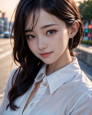 1girl, busty, high res, portrait, small round face, busty, bright smile, Korean hot model, 25yo, pale skin, black wavy hair, sunset, sunset scenery, wearing a french maid costume, cutefirlmix, ,Asian, 8k, medium quality, masterpiece, sharp focus, face focus, 