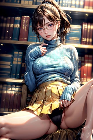 (((1girl:1.3, solo))), (a extremely pretty and beautiful glasses Japanese bitch:1.3), (librarian:1.3), (22years old:1.3), (cowboy shot:1.3), (stading at bookshelf:1.3), (at ancient library:1.3), (presenting:1.5), (lift sweater:1.5), (incoming sex:1.5), (spread legs:1.5), (in heat:1.3, blush:1.3, heavy breating:1.3), (knees up:1.3),  
BREAK,
(shiy-brown hair:1.3), (wavy short hair:1.3), (ponytail:1.3), bangs, red eyes, beautiful eyes, princess eyes, Hair between eyes, (big eyes:1.3), (wearing a glasses: 1.3), (slender;1.15), (medium-large breasts:1.25), (thin waist: 1.3), (detailed beautiful girl: 1.4), Parted lips, Red lips, full-make-up face, (shiny skin) , ((Perfect Female Body)), Perfect Anatomy, Perfect Proportions, (most beautiful Korean actress face:1.3, extremely cute and beautiful actress Japanese face:1.3), (4fingers and thumb:1.3), (detailed perfect human hands:1.3 ), (perfect ratio human hands:1.3), 
BREAK,
(detailed classy clothes:1.3), (detailed classy blue turtlenexk sweater:1.3, long sleeve:1.3), (tuck out sweater:1.5),(detailed beige pleated skirt:1.3), (black pin-heels:1.3), detailed clothes,
BREAK,
(detailed ancient library background:1.3), (book, book shelf. cart, ladder), (dramastic light: 1.3), BREAK, (Realistic, Photorealistic: 1.37), (Masterpiece, Best Quality: 1.2), (Ultra High Resolution : 1.2), (RAW Photo: 1.2), (Sharp Focus: 1.3), (Face Focus: 1.2), (Ultra Detailed CG Unified 8k Wallpaper: 1.2), (Beautiful Skin: 1.2), (Pale Skin: 1.3), (Hyper Sharp Focus: 1.5), (Ultra Sharp Focus: 1.5), (Beautiful pretty face: 1.3), (super detailed background, detail background: 1.3), Ultra Realistic Photo, Hyper Sharp Image, Hyper Detail Image,Korean,realistic ,miyo,,rapi nikke,Beauty,milfication,shizukazom100,monochrome,violet evergarden,glitter,shiny,jwy1