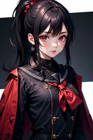 1woman,army woman, ponytail, black hair, cute face, red eyes, army long coat, sailor school uniform, black theme, stylish pose, standing, harbar, upper body, fantasy, ultra detailed, ultra highres, masterpiece, 