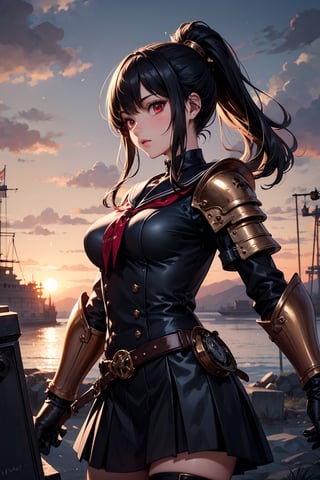 1woman, knight, ponytail, black hair, red eyes, armor, sailor school uniform, sea, sunset, steampunk style, 1girl, steampunk atmosphere, antique, mechanical, brass and copper tones, gears, 1 girl, dark fantasy, dark night, castle, tombstone