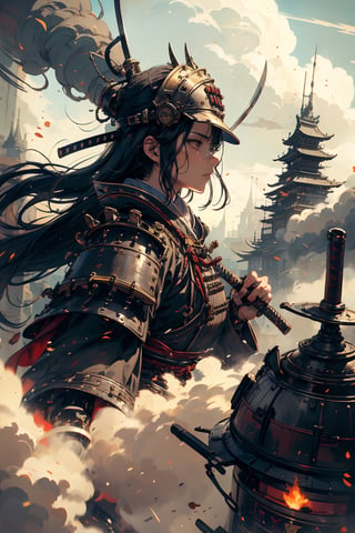 Imagine a world where the honor of ancient samurai converges with the technological wonders of steampunk brilliance. In this evocative realm, amidst towering pagodas adorned with brass fittings and bustling marketplaces filled with the hiss of steam, emerges a formidable figure: a samurai. Envision him clad in a blend of traditional armor and steampunk accouterments, with ornate kabuto helmets featuring intricate gears and steam vents. His katana, sheathed in a holster adorned with mechanical embellishments, gleams with the promise of swift justice. With a stoic expression etched upon his face, he embodies the code of bushido, his every movement a testament to discipline and mastery. Behind him, the cityscape sprawls with towering factories belching steam into the sky, symbolizing the harmonious coexistence of tradition and progress in this captivating world.,STEAM PUNK