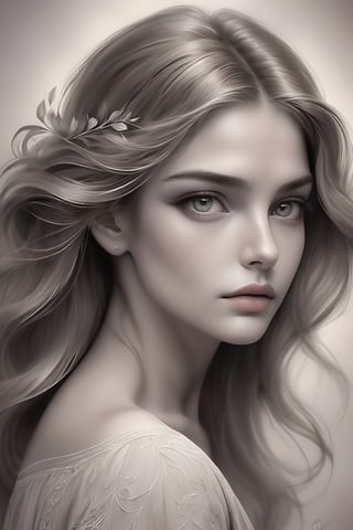 A beautifully rendered pencil art portrait of a woman with a captivating gaze. The illustration showcases her delicate facial features, with soft shading and detailing that brings the image to life. The background is a subtle blend of gray tones, drawing focus to the woman's captivating expression and the intricate strands of her hair. The overall effect is a timeless, elegant piece that captures the essence of the subject's soul.