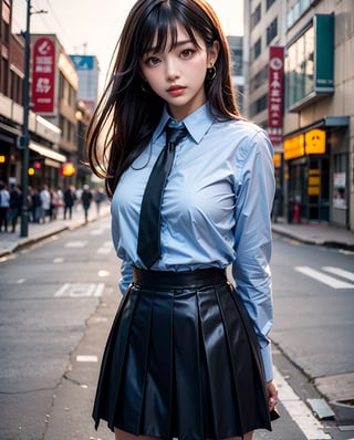 1girl, solo, medium hair, looking at viewer, bangs, large breasts, black hair, straight hair, brown eyes, standing with arms behind back, light blue collared shirt, long sleeve, cowboy shot, black formal tie, blue shirt, lips, black pleated skirt, makeup, girly style, school girl look, arms behind back, realistic, black skirt, in city, stanidng with arms behind back, busty, skinny, ,tan skin