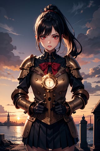 1woman, knight, ponytail, black hair, red eyes, armor, sailor school uniform, sea, sunset, steampunk style, 1girl, steampunk atmosphere, antique, mechanical, brass and copper tones, gears, 1 girl, dark fantasy, dark night, castle, tombstone