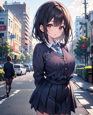 1girl, solo, medium hair, looking at viewer, bangs, large breasts, black hair, straight hair, brown eyes, standing with arms behind back, light blue collared shirt, long sleeve, cowboy shot, black formal tie, blue shirt, lips, black pleated skirt, makeup, girly style, school girl look, arms behind back, realistic, black skirt, in city, stanidng with arms behind back, busty, skinny, chibie emote, 