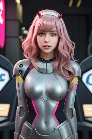 1girl, solo, pink hair, breasts, looking at viewer, wavy hair, curly hair, messh hair, dameged hair, busty,  brown eyes, cyborg girl, upper body, parted lips,cyborg armor, mechanical joints, mechanical armor,  blurry, lips, SF, sci fi, fantasy, cyber punk, android, dynamic, standng with arms behind back, cyber cafe, concierge, neon light, 02 bodyarmor, cczero2, long hair, horns, hairband, white bodysuit, pilot suit, gloves