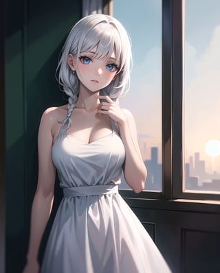 masterpiece,ultra high res,realistic,finely detail,extremely detailed,1girl,single braid,white hair,looking at viewer,pure color background,breasts,film grain,film overlay,morning glow,pastel sky,cool tones,sun rays,soft light,dress,