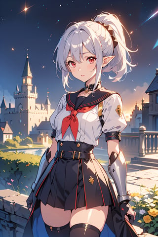 (emo art:1.6), 1woman, elf, mecha girl, wizard, ponytail, silver hair, red eyes, purple hair, school uniform, sailor school uniform, armor, starry sky, night view, 1woman, mecha girl, robot, knight, ponytail, short hair, silver hair, red eyes, armor, castle, night view, garden, starry sky