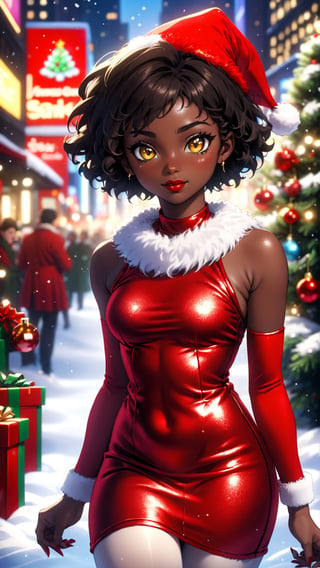 anitoon style, solo, dark skin, 1girl, yellow eyes, jewelry, black hair, short hair, dark-skinned female, makeup, lipstick, looking at viewer, curly hair, bare_top_velvet dress, santa costume, fluffy fur dress, red dress, sleeveless, highneck, Times Square Garden, Night, Christmas, ,ral-chrcrts,christmas